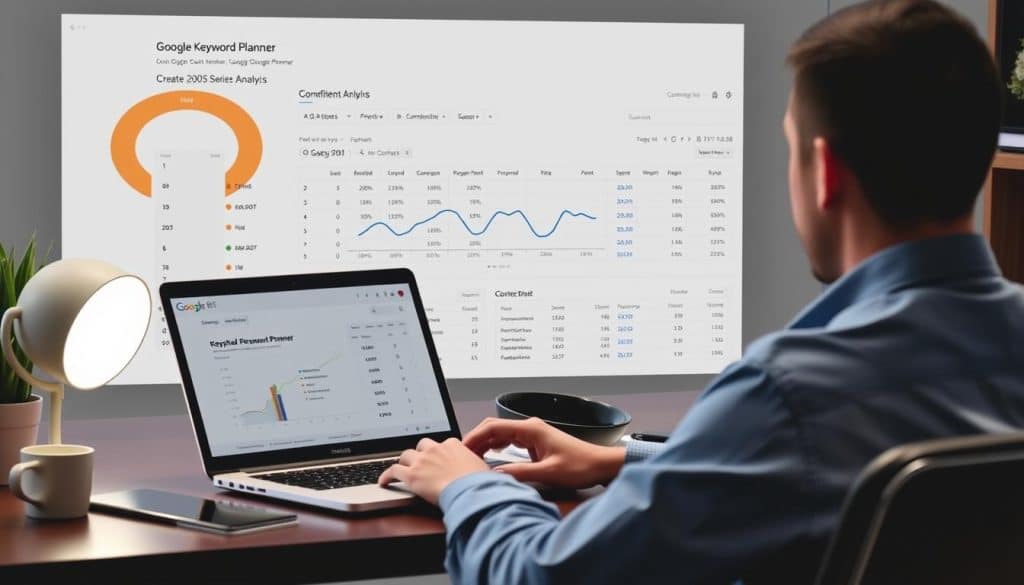 Generate an image of a person using Google Keyword Planner on a laptop with a competitive analysis graph in the background.