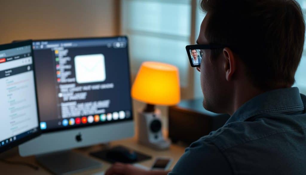 Generate an image of a person using a computer with an email interface on the screen, with a friendly AI assistant in the background.