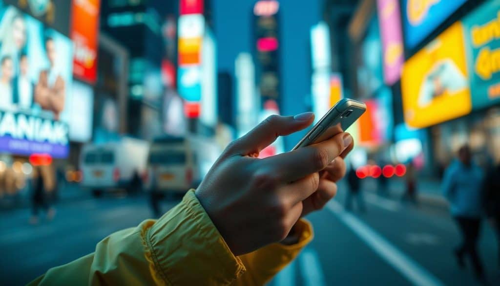 Generate an image of a person using a smartphone to represent mobile advertising