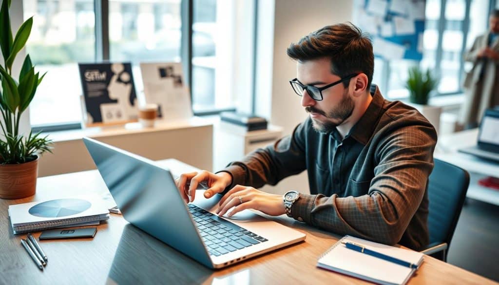 Generate an image of a person using keyword research tools on a laptop. Generate an image of a person using keyword research tools on a laptop.