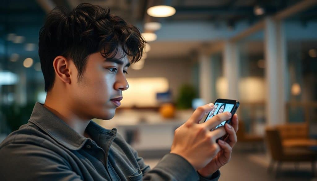 Generate an image of a person watching a video ad on a digital device.