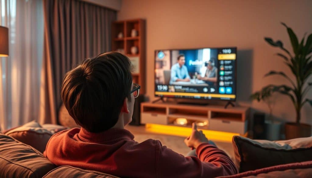 Generate an image of a person watching a video ad on a streaming service.