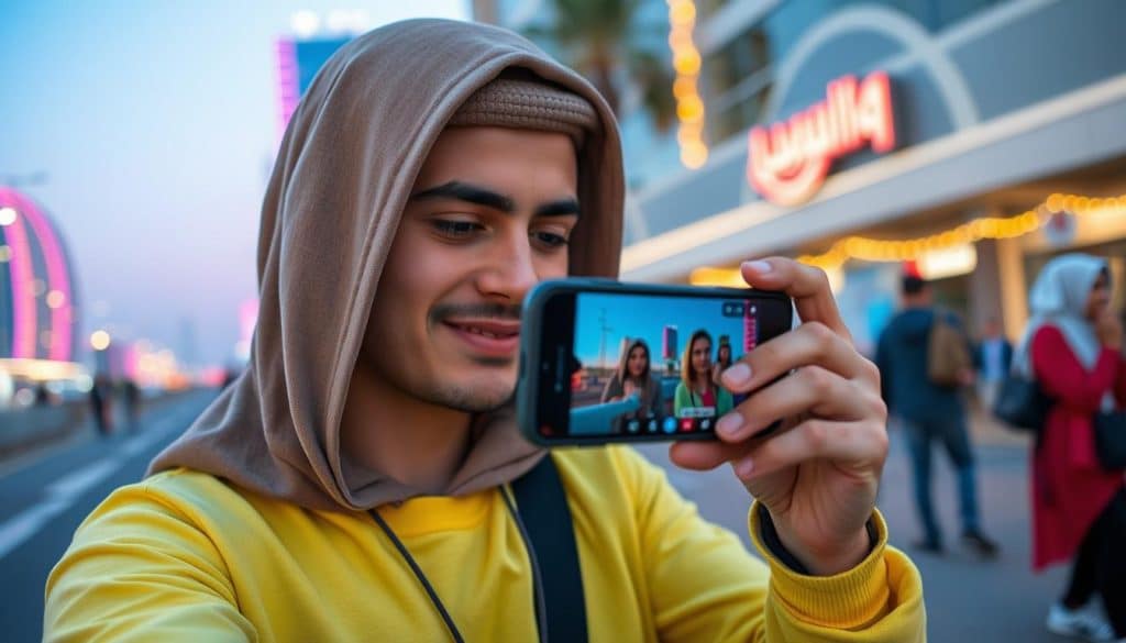 Generate an image of a person watching short-form videos on TikTok and Instagram Reels on their smartphone in Qatar.