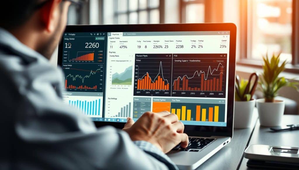 Generate an image of a person working on a laptop with PPC ad metrics on the screen.