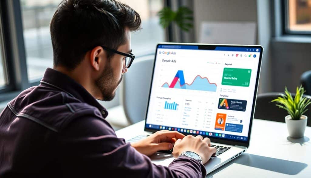 Generate an image of a person working on a laptop with a Google Ads dashboard open.