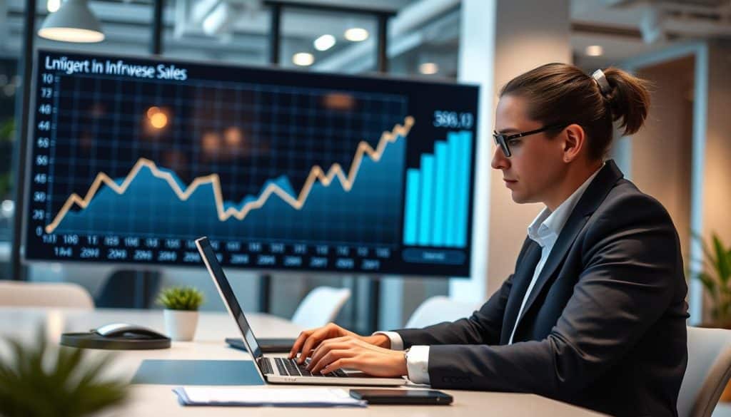 Generate an image of a person working on a laptop with a graph showing an increase in sales.