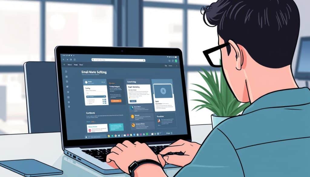 Generate an image of a person working on a laptop with an email marketing software interface on the screen.