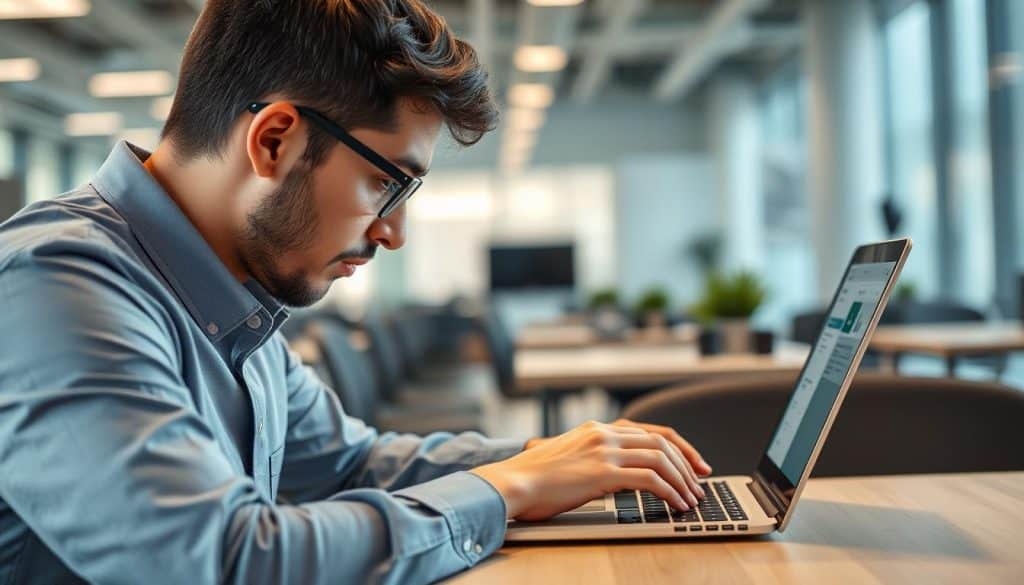 Generate an image of a person working on a laptop with email templates on the screen
