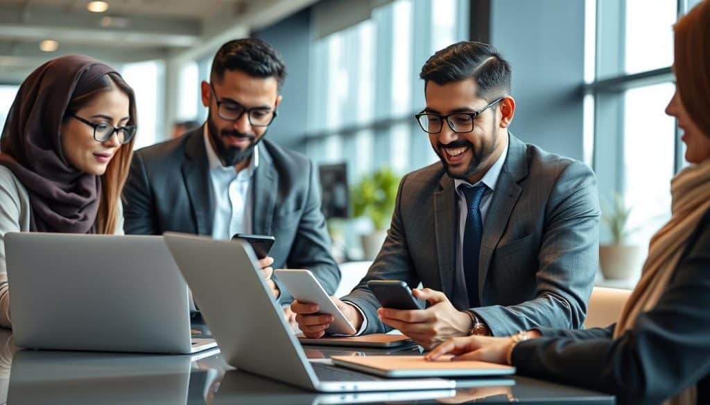 Generate an image of a professional business setting in Qatar with people communicating via email.