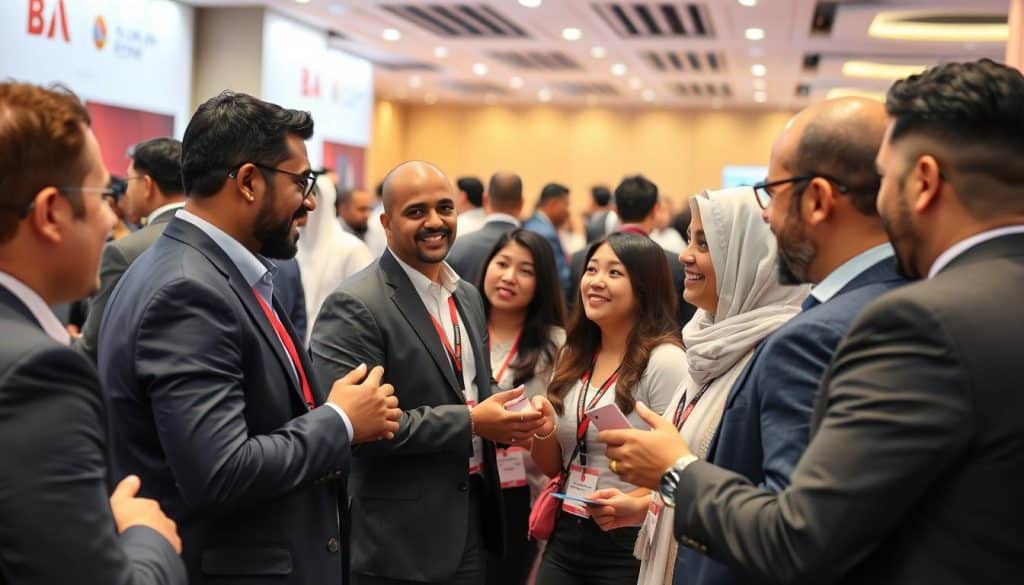 Generate an image of a professional networking event in Qatar, highlighting B2B interactions.