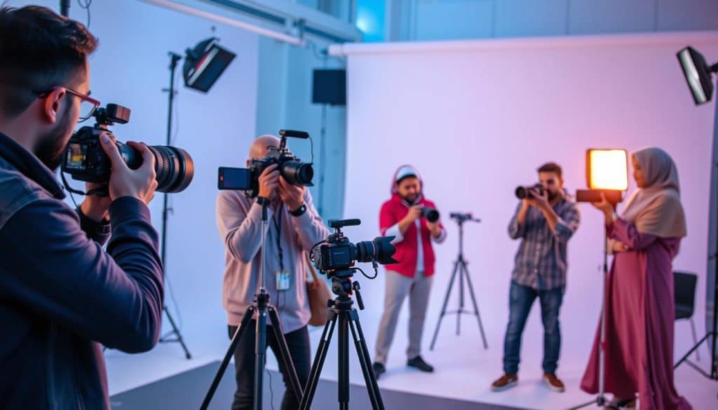 Generate an image of a professional photography session in Qatar, showcasing a team of photographers capturing high-quality images of products and team members.