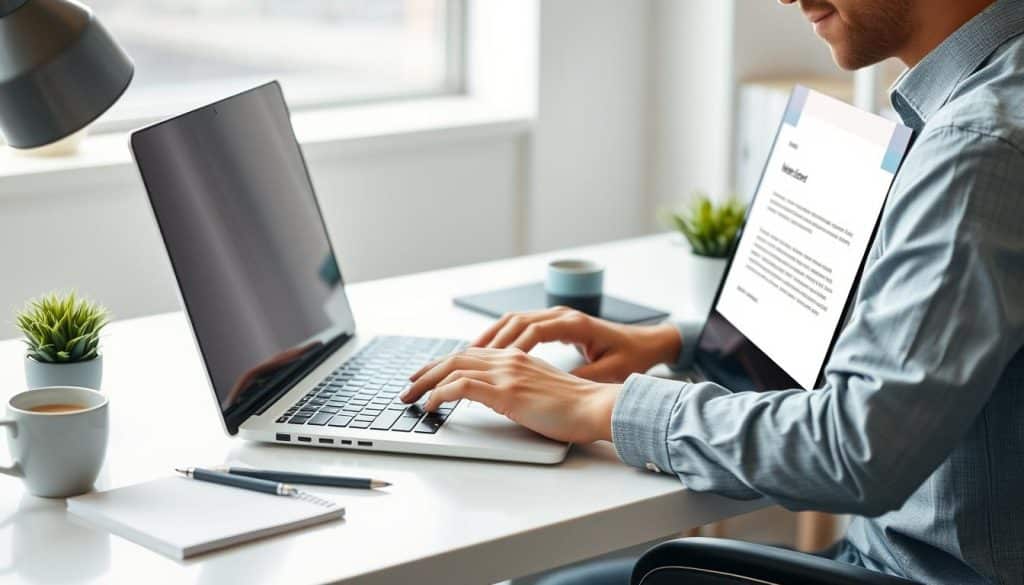 Generate an image of a professional sending a follow-up email on their laptop