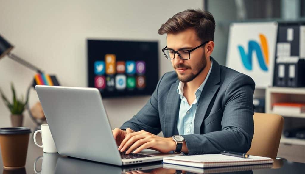 Generate an image of a professional social media manager working on a laptop with various social media platforms open.
