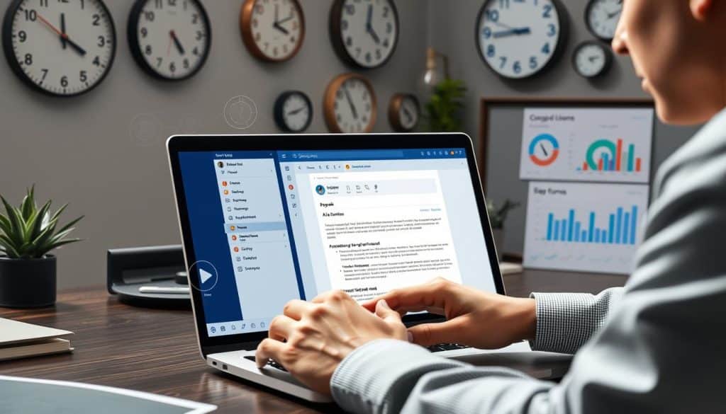 Generate an image of a professional using a laptop with an email AI writer interface on the screen, surrounded by clocks and productivity charts.