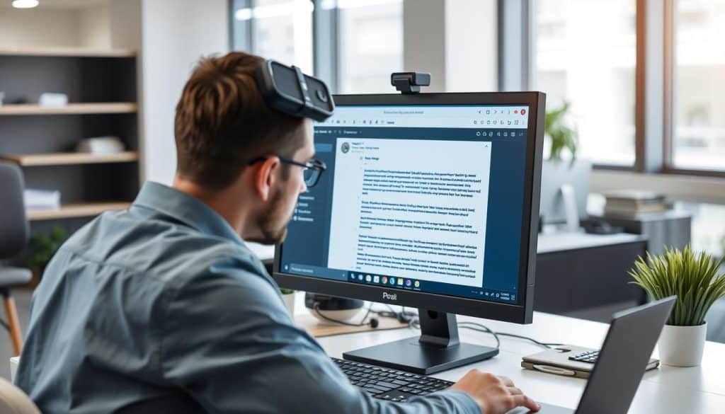 Generate an image of a professional using an email AI writer tool on their computer.