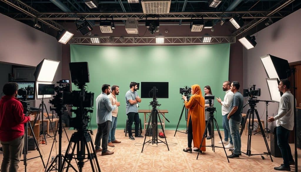 Generate an image of a professional video production setup in Qatar, highlighting modern equipment and a diverse team working together.