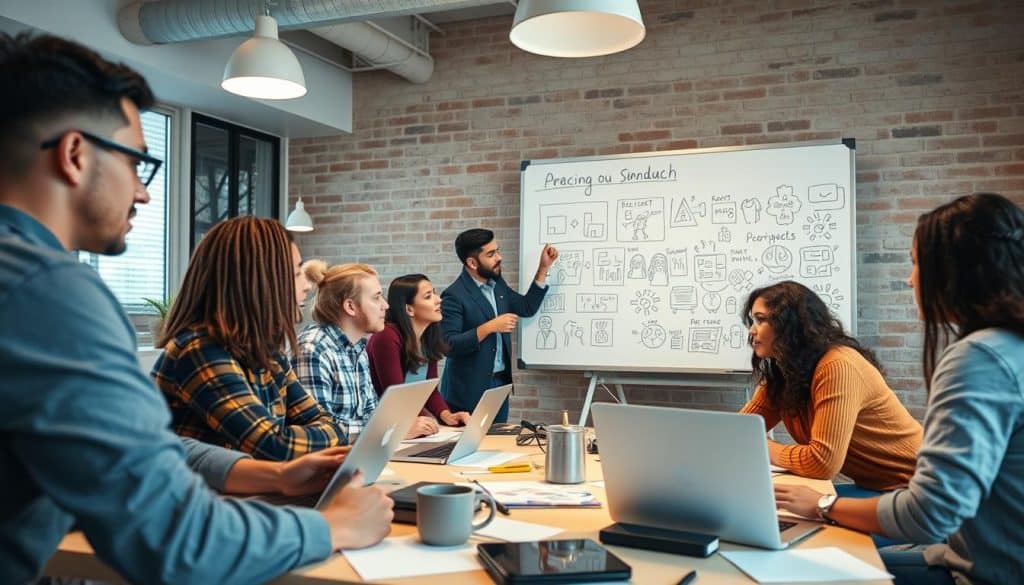 Generate an image of a promotional video being created, with a team brainstorming ideas for a product launch.