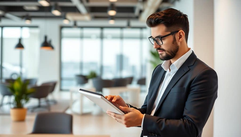 Generate an image of a real estate agent using a tablet to optimize their Google Business Profile.