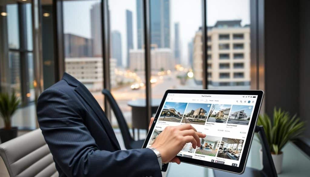 Generate an image of a real estate agent using a tablet to search for properties in Qatar.