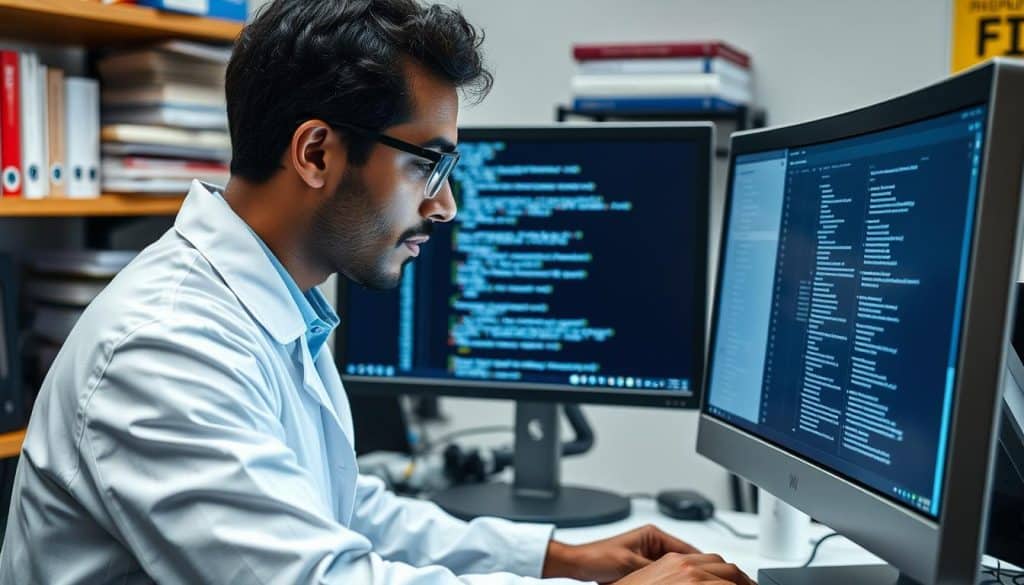 Generate an image of a scientist working on a computer with a Julia programming language code on the screen.