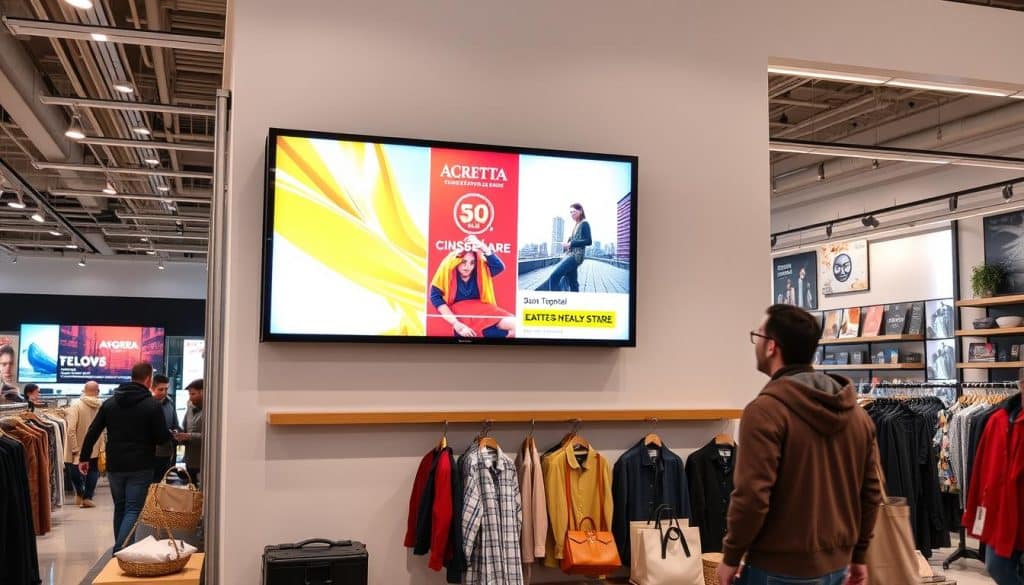 Generate an image of a sleek, wall-mounted digital signage display in a modern retail environment.