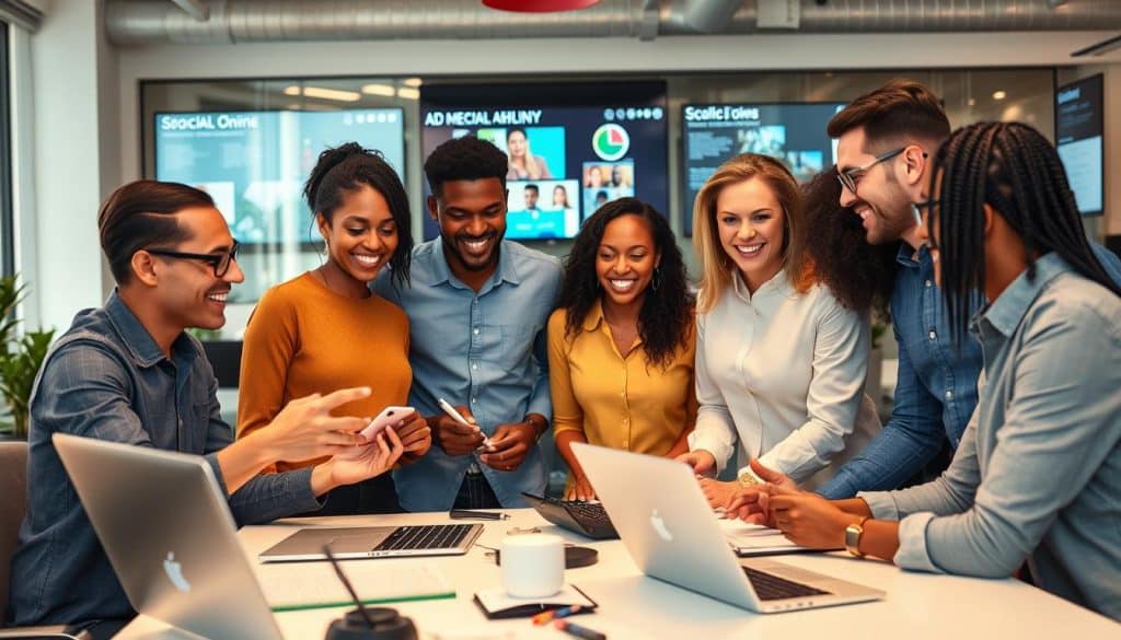 Generate an image of a social media agency team brainstorming creative content ideas with ad tech tools on their screens.