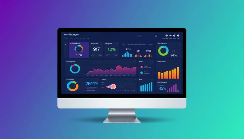 Generate an image of a social media analytics dashboard on a computer screen, highlighting various metrics and graphs.