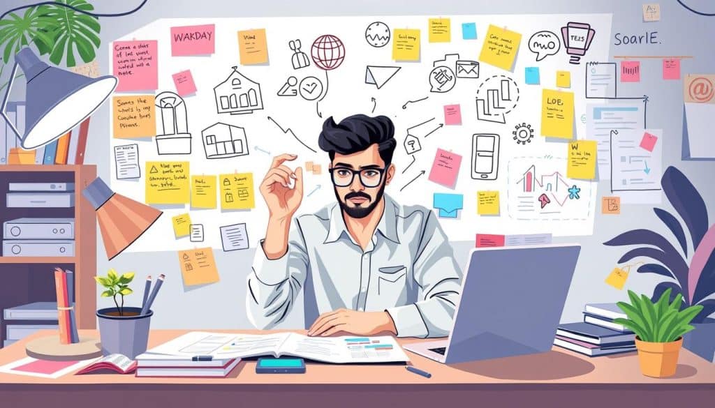 Generate an image of a social media content creator brainstorming ideas for a campaign.