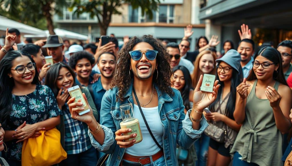 Generate an image of a social media influencer promoting a product.