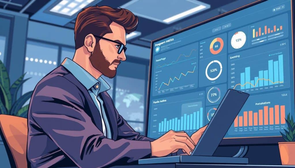 Generate an image of a social media manager analyzing engagement metrics on a dashboard.