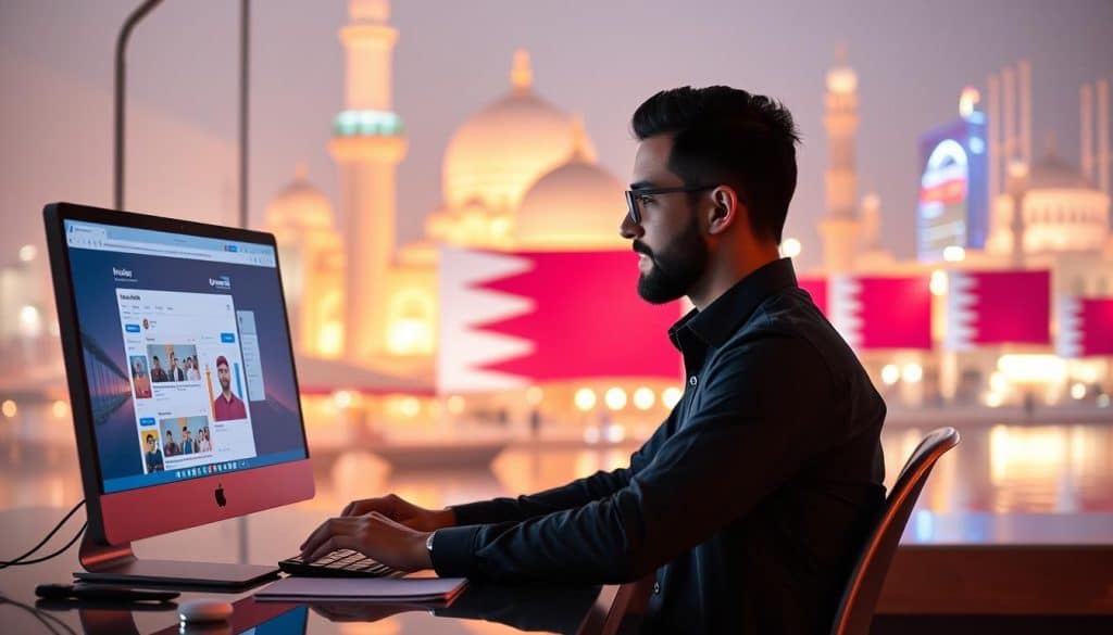 Generate an image of a social media manager scheduling posts on a computer with a Qatari background.