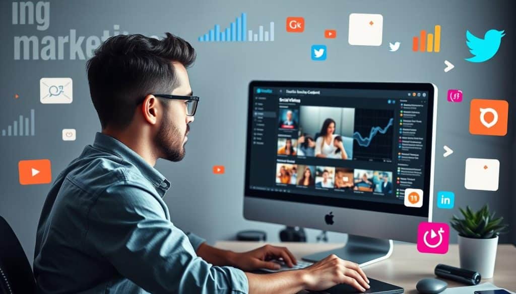 Generate an image of a social media manager using Hootsuite to schedule video content.