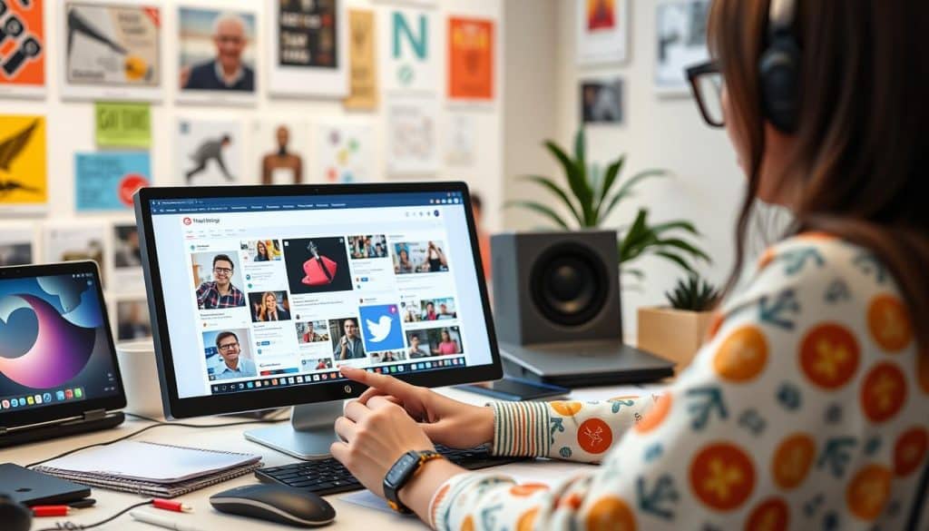 Generate an image of a social media manager using a tool to schedule posts across multiple platforms.