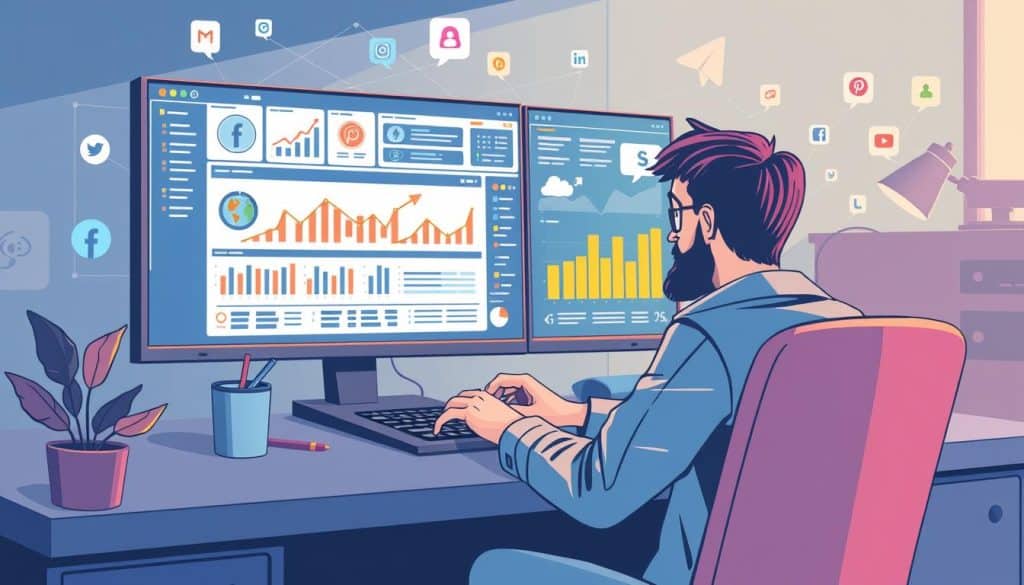 Generate an image of a social media manager working on a campaign with a dashboard displaying real-time metrics.