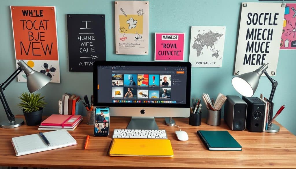 Generate an image of a social media manager's workspace with various tools and resources.