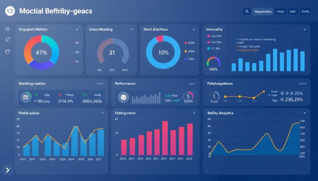 Generate an image of a social media marketing dashboard with analytics and performance metrics.