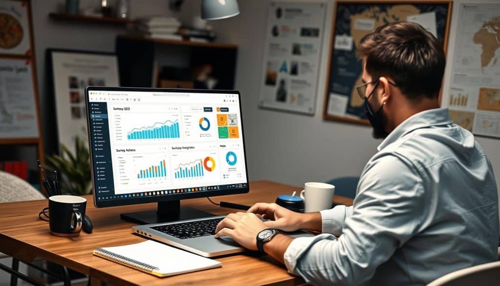 Generate an image of a startup founder using a laptop with various SEO tools on the screen.