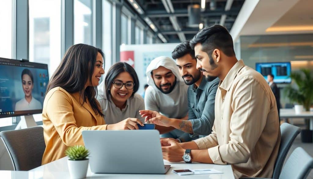 Generate an image of a team collaborating using a web app in a Qatari office