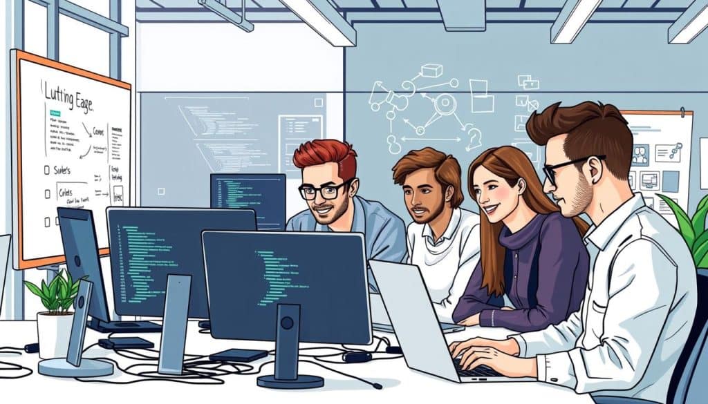 Generate an image of a team of web developers working together on a project.