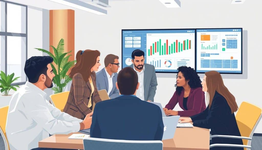 Generate an image of a team planning digital signage implementation