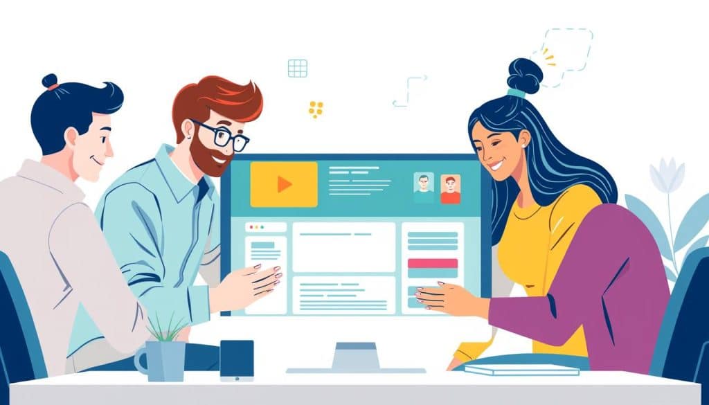 Generate an image of a team using a collaboration web application on a shared screen.