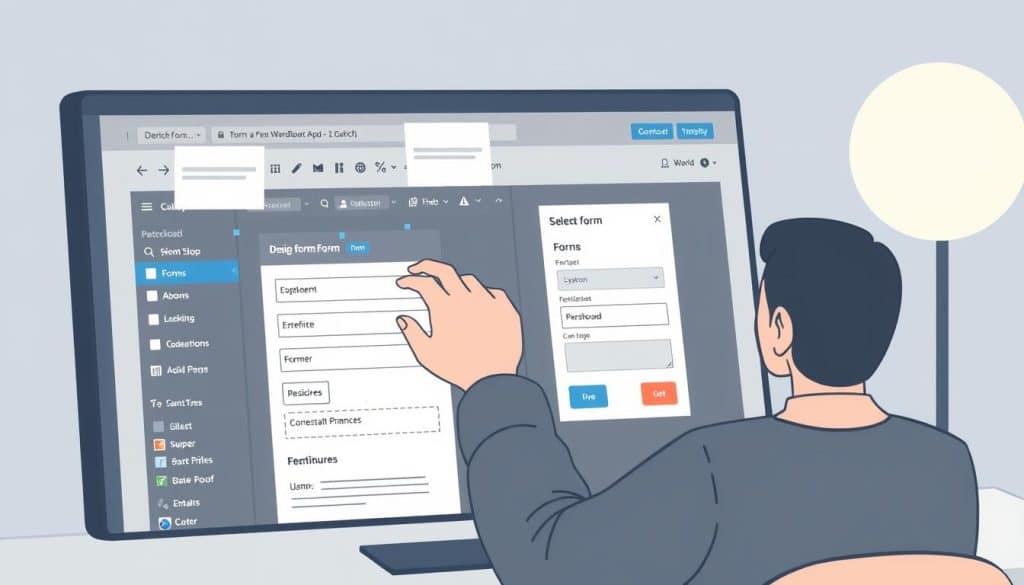 Generate an image of a user creating a form using a drag-and-drop interface on a WordPress dashboard. Generate an image of a user creating a form using a drag-and-drop interface on a WordPress dashboard.