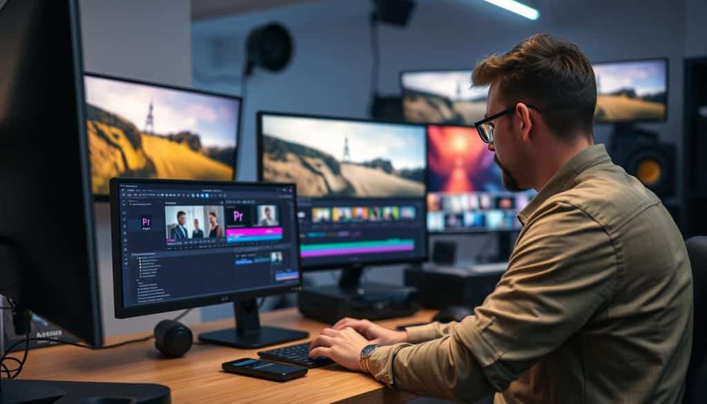 Generate an image of a video editor working on a project using Adobe Premiere Pro on a computer.