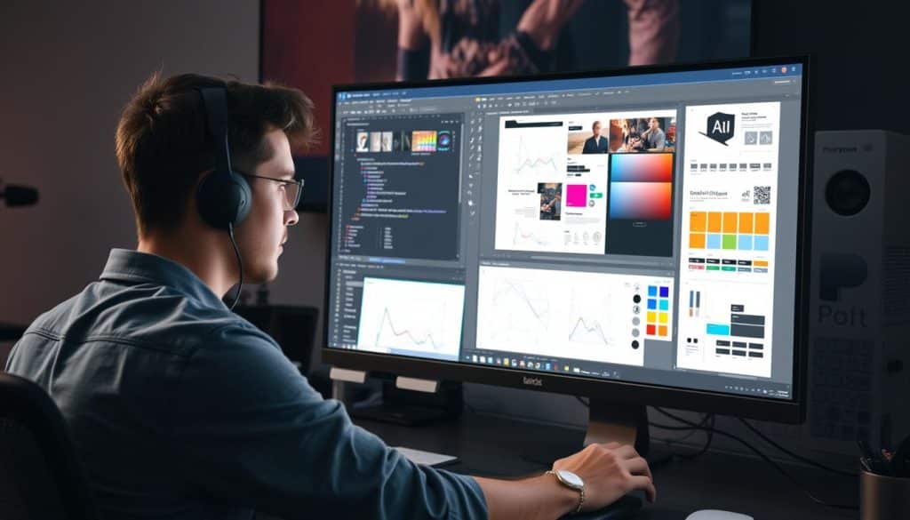 Generate an image of a visual interface designer working on a project using various design tools on a computer.