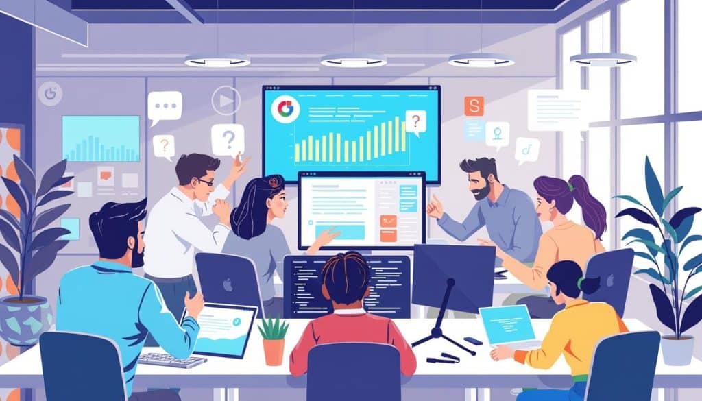 Generate an image of a web design and development team working on a project