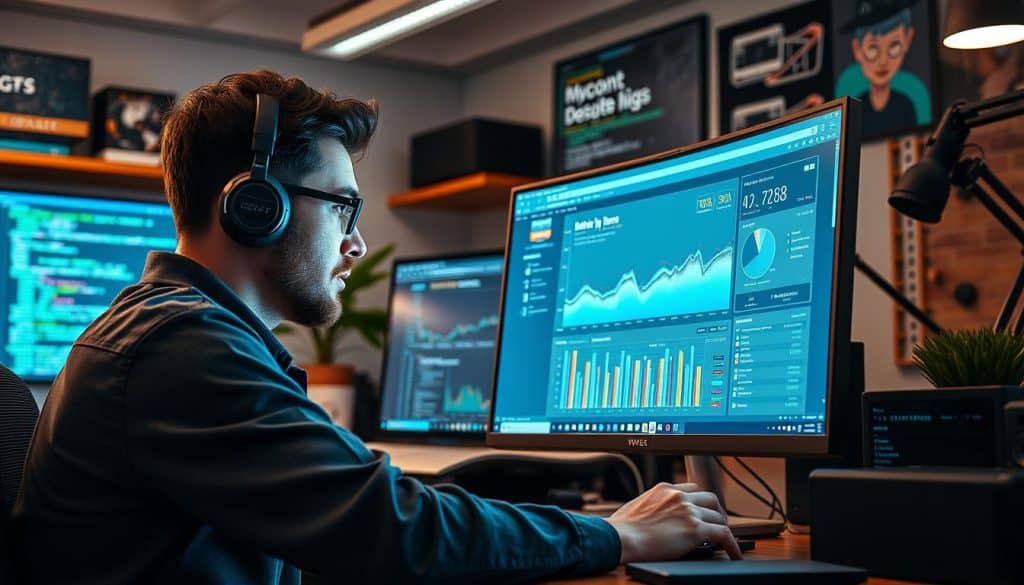 Generate an image of a web developer analyzing website performance metrics on a computer screen.