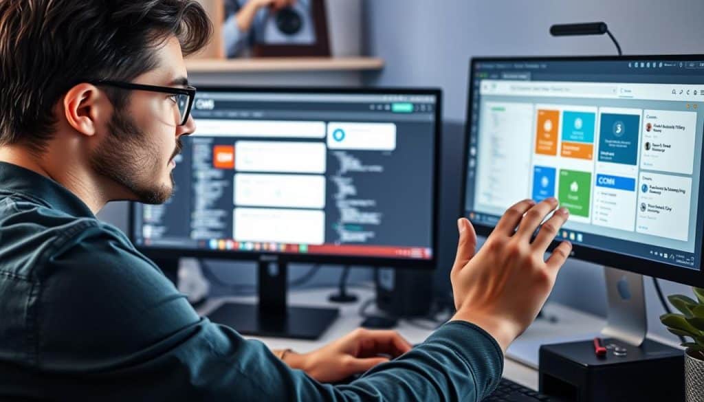 Generate an image of a web developer choosing a CMS on their computer screen