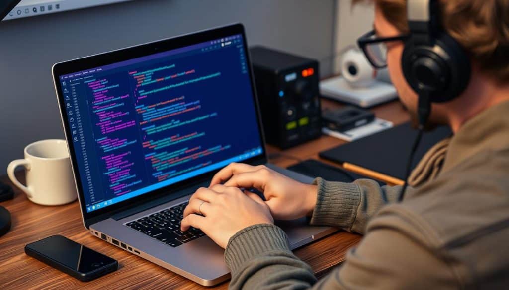 Generate an image of a web developer coding on a laptop with JavaScript code on the screen. Generate an image of a web developer coding on a laptop with JavaScript code on the screen.