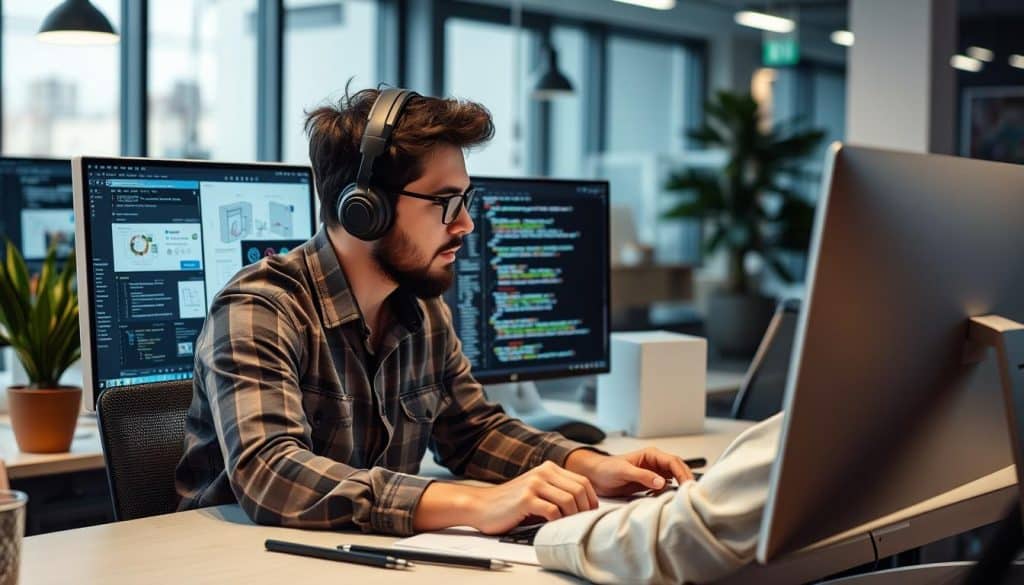 Generate an image of a web developer working on a custom website design on a computer.