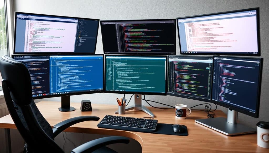 Generate an image of a web developer's workspace with multiple screens displaying code and various tools and frameworks.